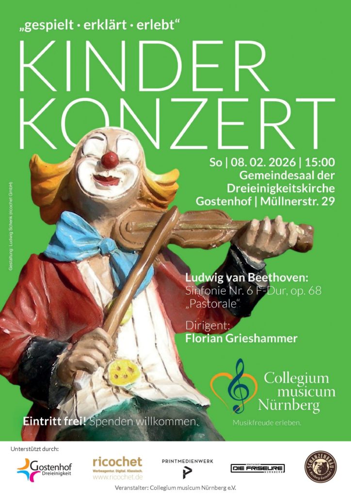 Konzertplakat Collegrium musicum Nürnberg Kinderkonzert am 08.02.2026 um 15:00 Uhr im Gemeindesaal der Dreieinigkeitskirche